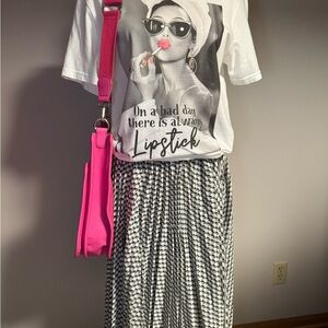 Easel Brown, Pistachio Green and White Pleated Midi Skirt